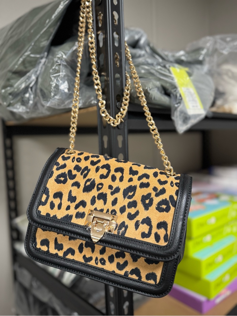 Leopard Print Chain Shoulder Bag - Black & Tan